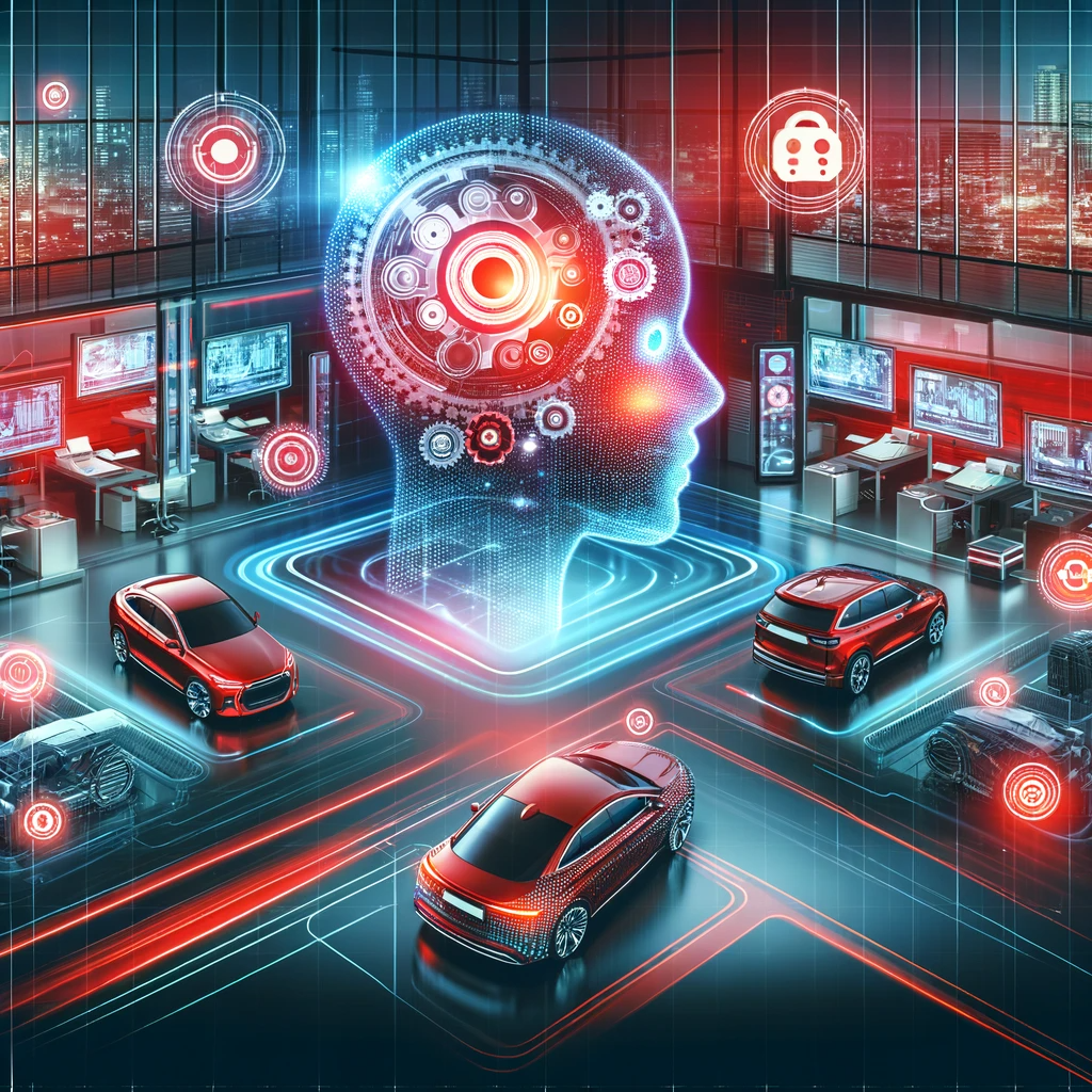 Intégration de l'IA dans l'industrie automobile, montrant des voitures connectées et une interface futuriste.