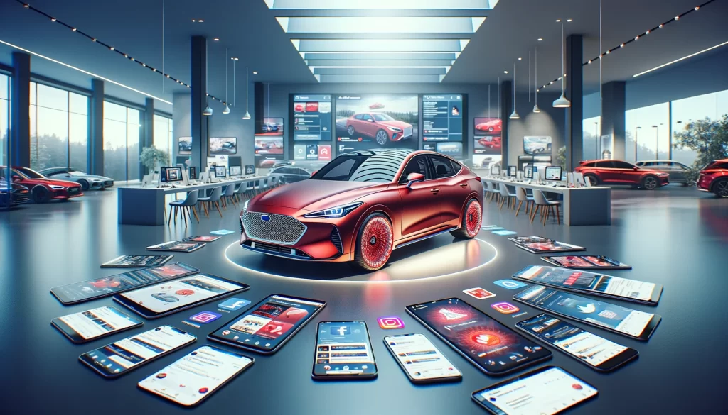 Une voiture rouge exposée dans un showroom moderne, entourée d'images de réseaux sociaux et de données numériques. Des écrans et des ordinateurs sont alignés en arrière-plan, illustrant l'intégration de la technologie et du marketing numérique dans l'automobile.