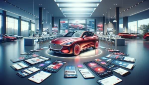 Une voiture rouge exposée dans un showroom moderne, entourée d'images de réseaux sociaux et de données numériques. Des écrans et des ordinateurs sont alignés en arrière-plan, illustrant l'intégration de la technologie et du marketing numérique dans l'automobile.