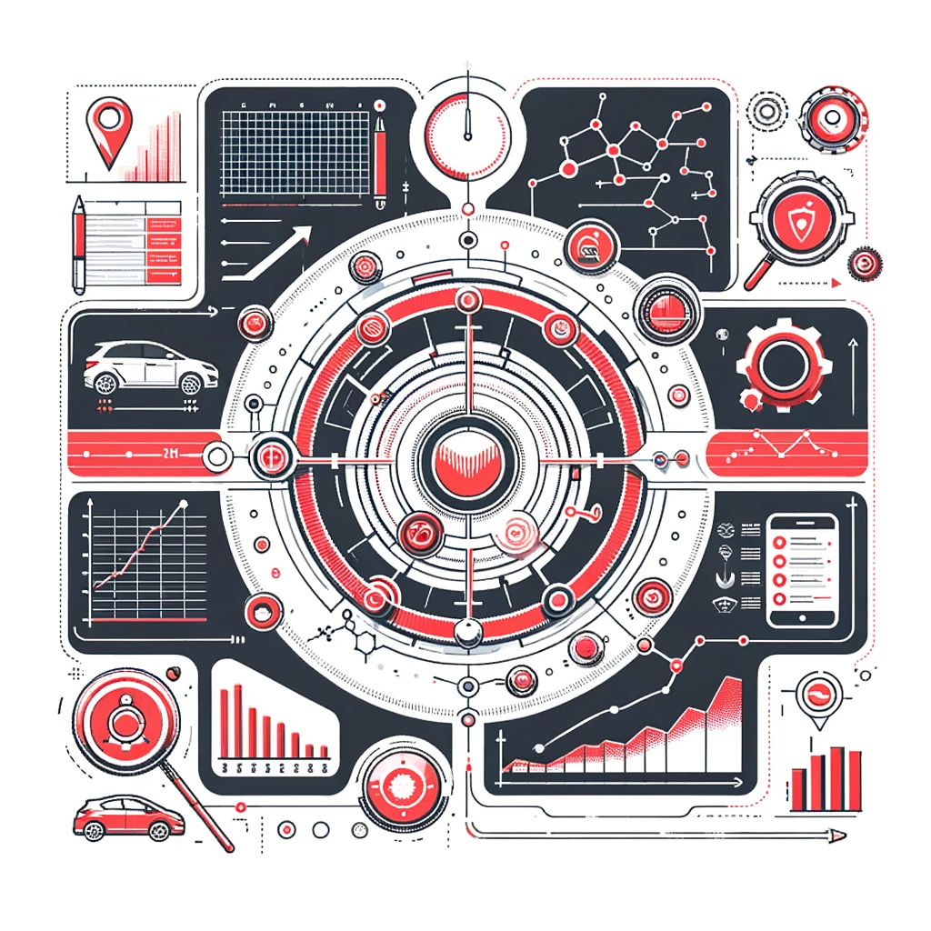 Illustration vectorielle complexe représentant un tableau de bord avec de multiples graphiques, icônes et indicateurs.