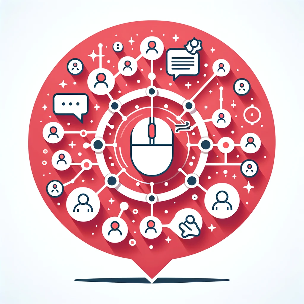 Illustration vectorielle représentant une souris d'ordinateur au centre, entourée de multiples icônes symbolisant des interactions sociales, des messages et des connexions en réseau.
