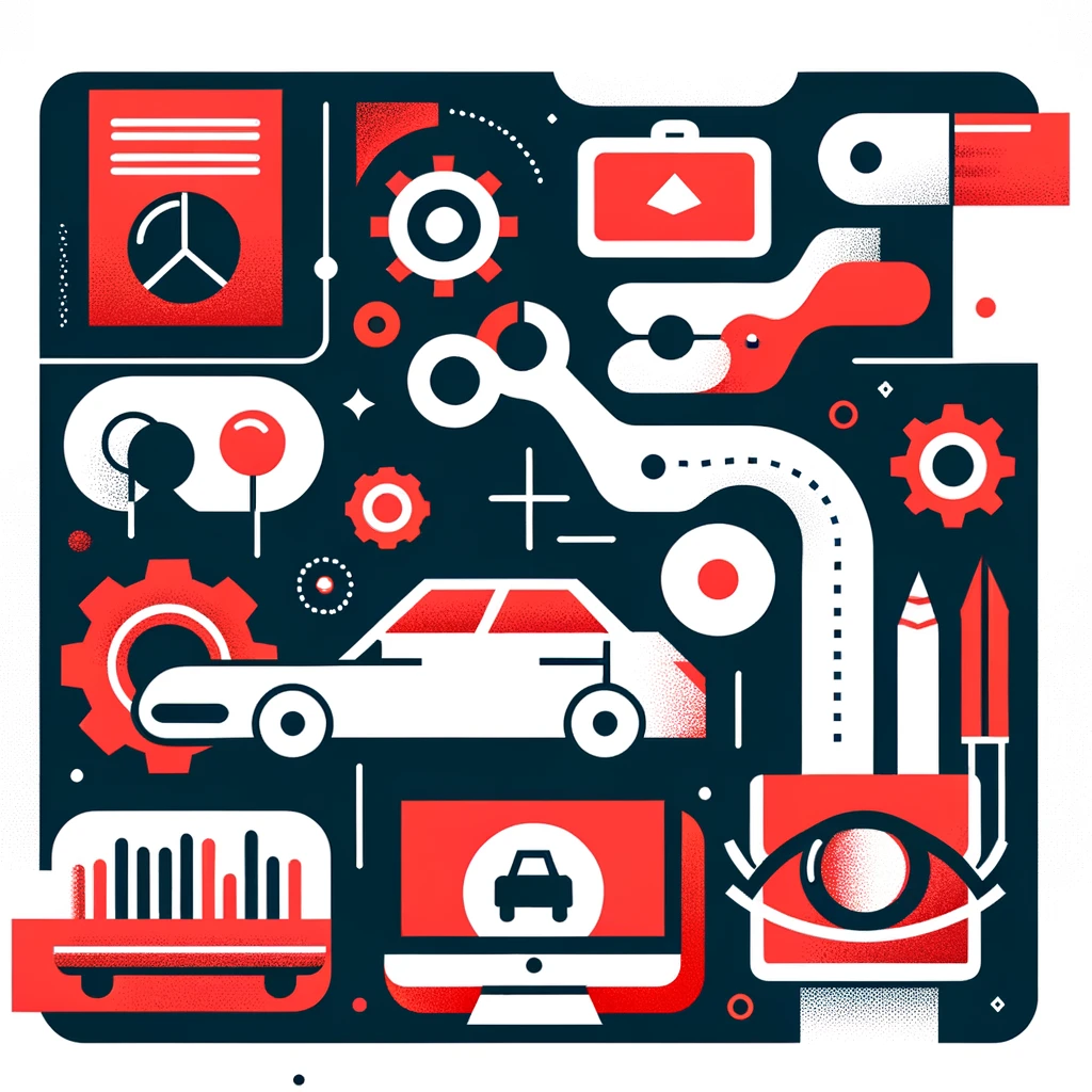 Illustration vectorielle de style minimaliste représentant divers éléments liés à l'automobile et à la technologie.