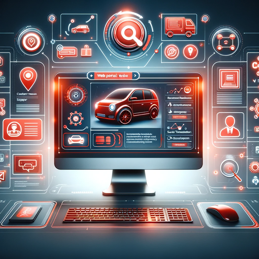 Interface futuriste d'un portail web automobile, présentant une voiture compacte rouge sur un écran d'ordinateur.