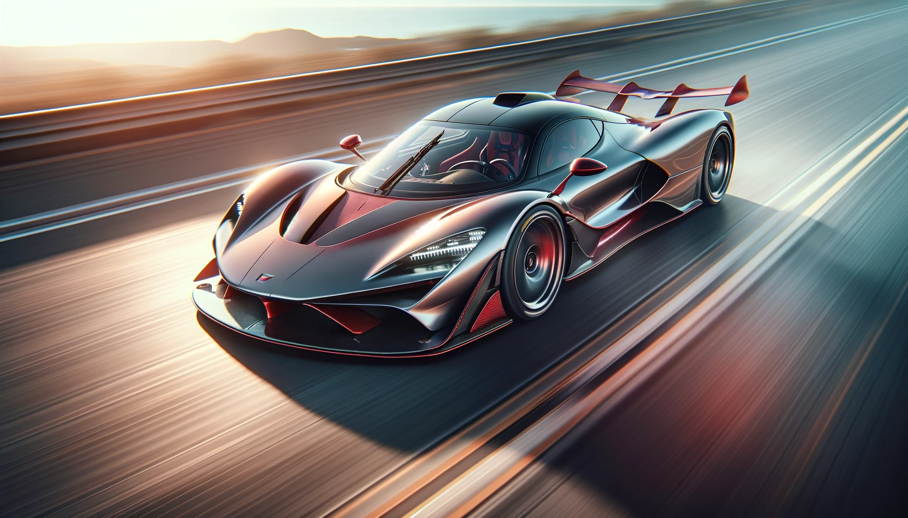 Une voiture de sport futuriste roulant à grande vitesse sur une autoroute, capturée en plein mouvement avec un arrière-plan de montagnes au lever du soleil, mettant en avant son design aérodynamique.