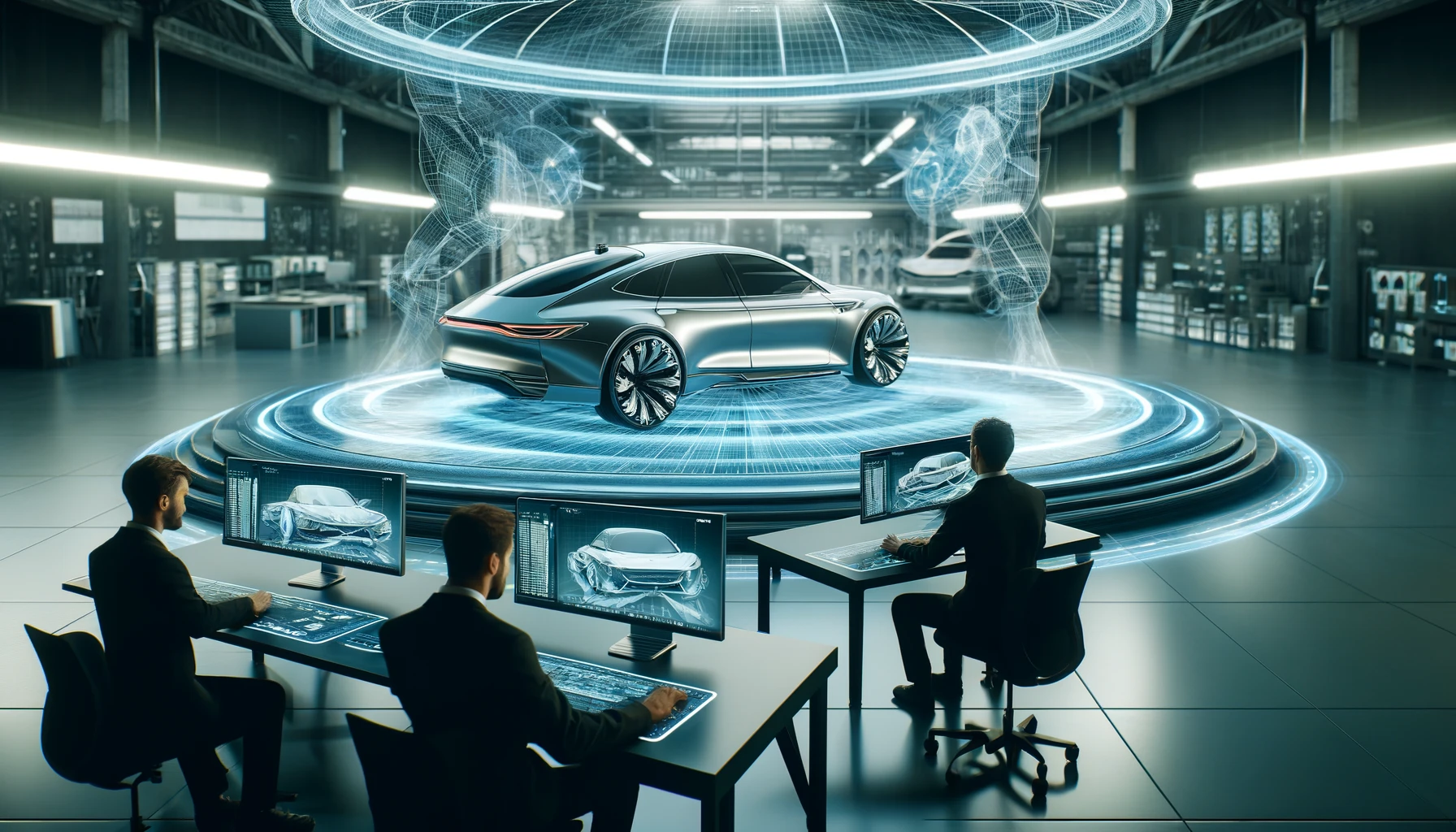 Des ingénieurs travaillant sur des ordinateurs dans un atelier high-tech, avec une voiture futuriste projetée en 3D au centre de la pièce. Des hologrammes et des graphiques techniques sont visibles autour de la voiture.