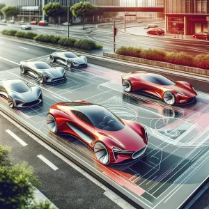 Des voitures futuristes sur une route moderne avec des tracés de plans techniques superposés, entourées de bâtiments et de verdure.